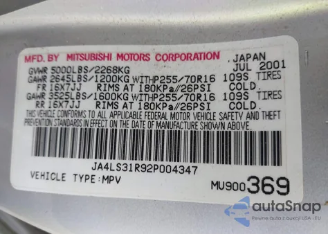 2002 Mitsubishi Montero Sport Xls z USA, uszkodzony, nr VIN JA4LS31R92P004347